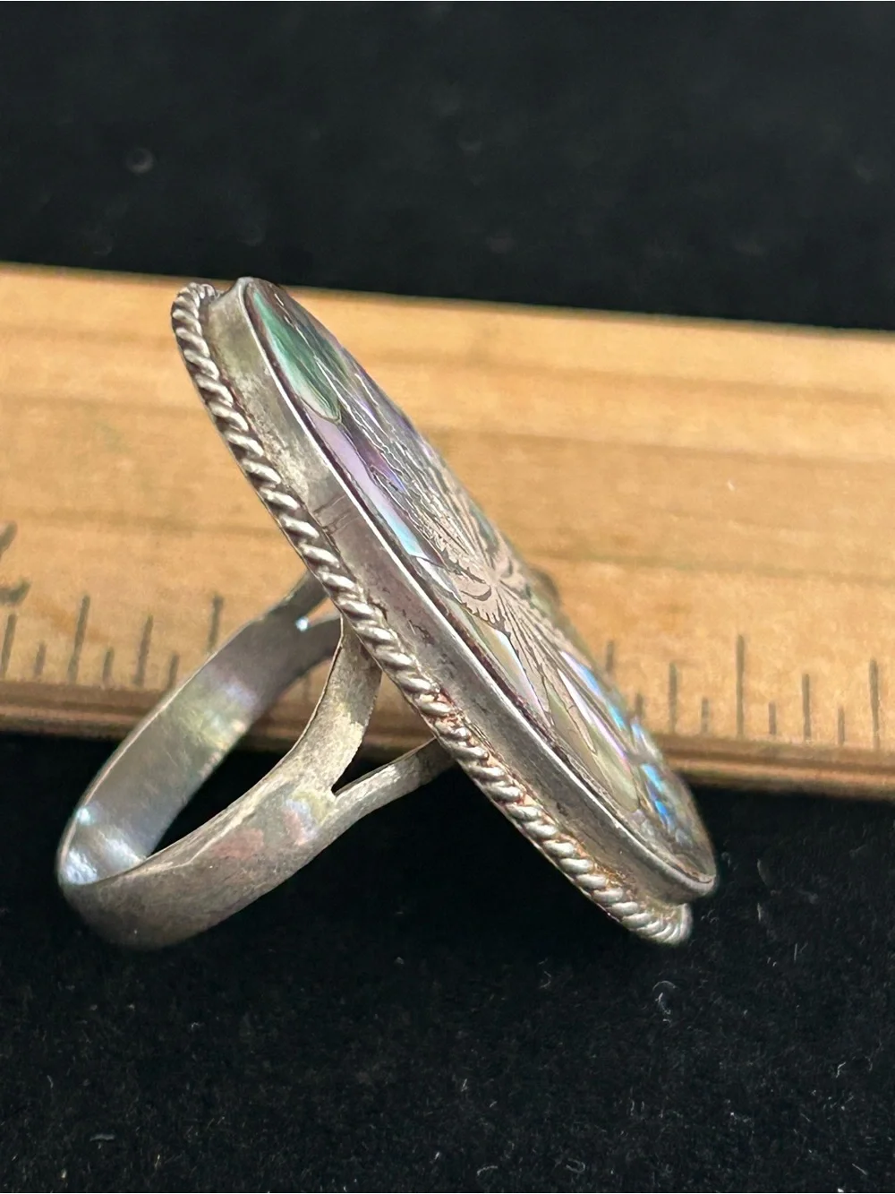 Vintage Taxco Mexico Sterling Silver Cannabis Inlay Abalone Ring Size 8.25